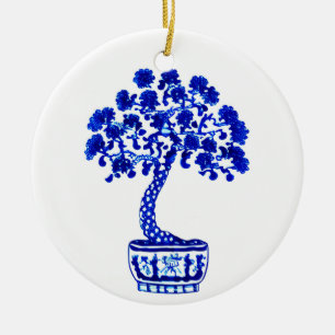 Bonsai Boom in Kobalt Blauw en Wit Keramisch Ornament
