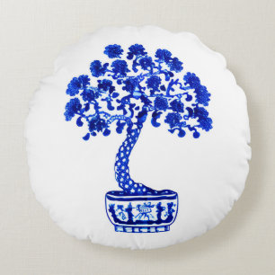 Bonsai Boom in Kobalt Blauw en Wit Rond Kussen