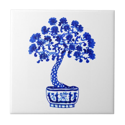 Bonsai Boom in Kobalt Blauw en Wit Tegeltje (Voorkant)