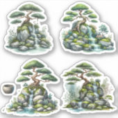 Bonsai boom op een miniatuur rotsformatie sticker (Voorkant)