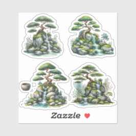 Bonsai boom op een miniatuur rotsformatie sticker
