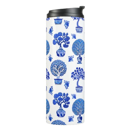 Bonsai boompatroon in kobaltblauw en wit thermosbeker (Gedraaid links)