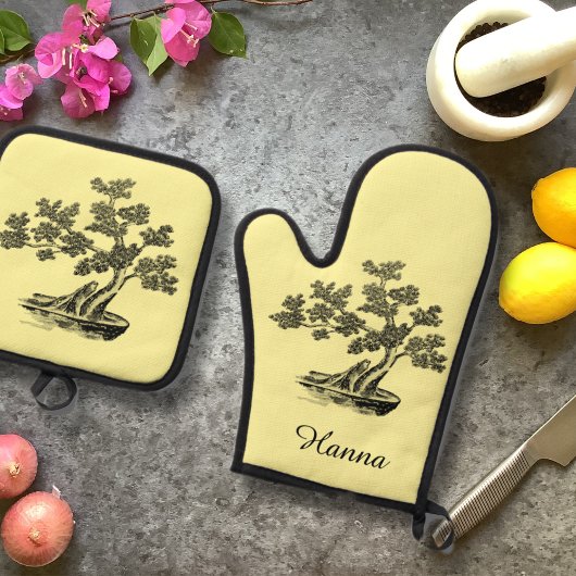 Bonsai - Chinese stijl - zwart-wit Ovenwant & Pannenlap Set