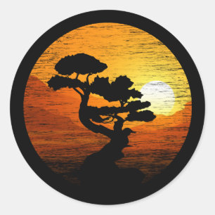 Bonsai Japanse bomen Zen Boeddhist Oranje Zonneet Ronde Sticker