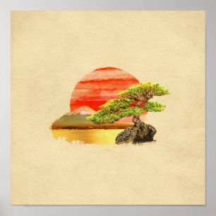 Bonsai Pine Tree - Fuji Sunset in kleur Poster