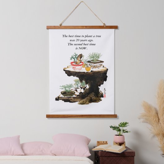 Bonsai Tree Botanische Plant Japanse Waterverf Hangend Wandkleed (Slaapkamer)