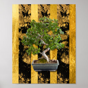 Bonsai Tree Green Gold Black Stripes Wall Art Poster