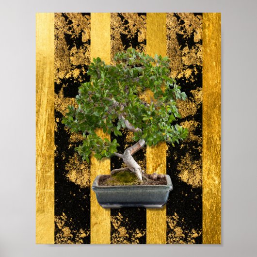 Bonsai Tree Green Gold Black Stripes Wall Art Poster (Voorkant)