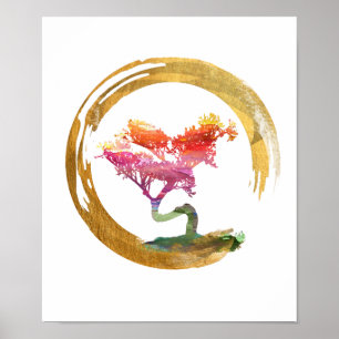Bonsai Tree. Zen Enso Circle. Watercolor Art Poster