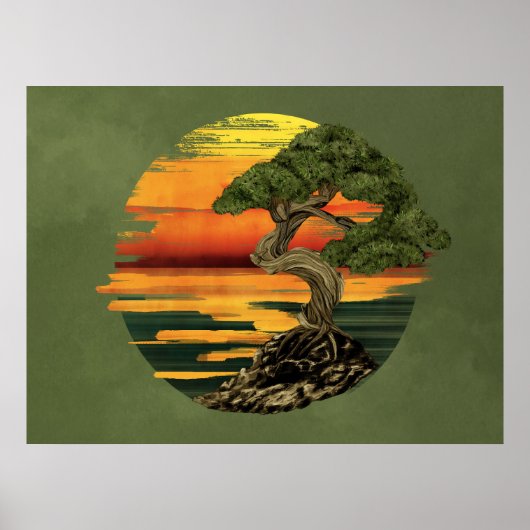 Bonsai Tree Zonsondergang boven zee Poster (Voorkant)