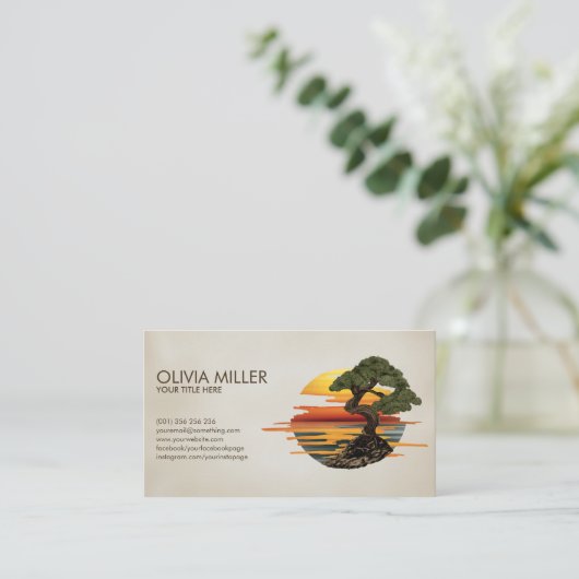 Bonsai Tree Zonsondergang boven zee Visitekaartje (Staand voorkant)