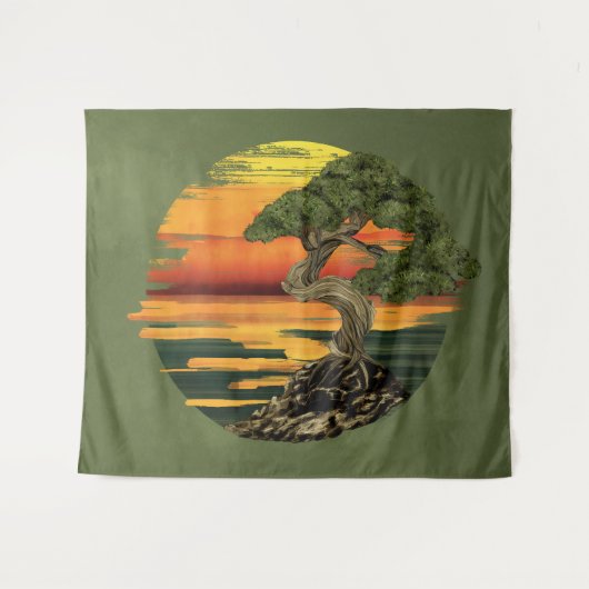 Bonsai Tree Zonsondergang boven zee Wandkleed (Voorkant (horizontaal))