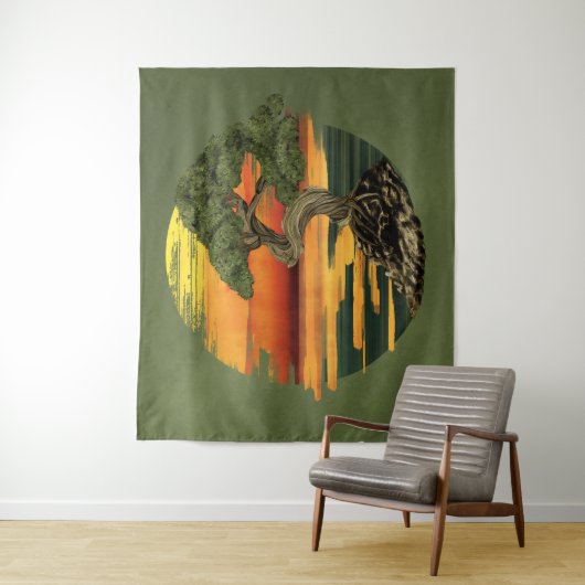 Bonsai Tree Zonsondergang boven zee Wandkleed (In situ)