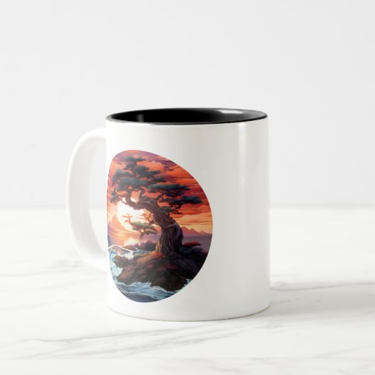Bonsai zonsondergang op de oceaan tweekleurige koffiemok (Voorkant links)