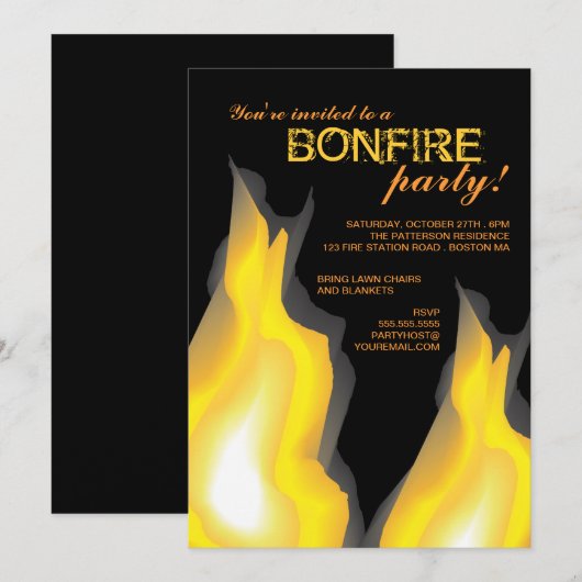 Bontbrand Campfire Flams on Black Invitation Kaart (Voorkant / Achterkant)