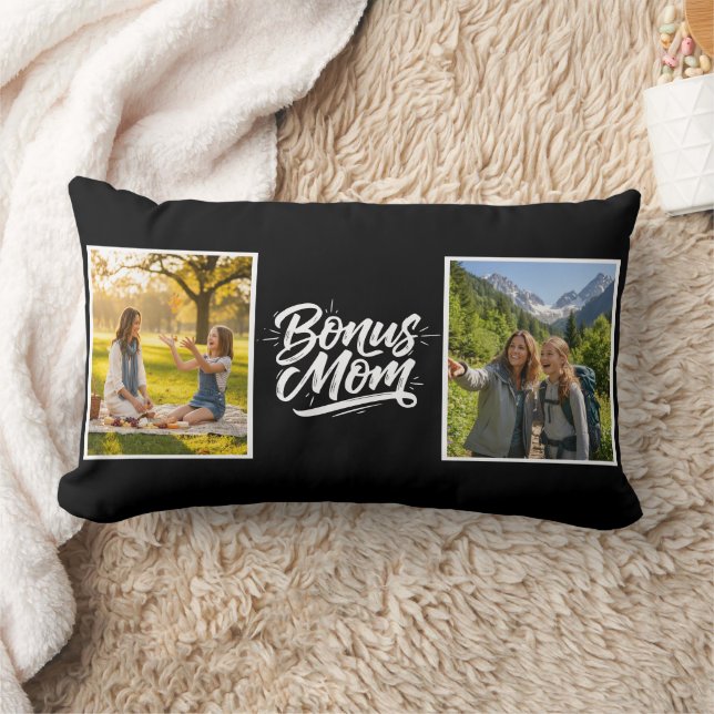 Bonus Mom Brush Script Two Photo Black and White Kussen (Deken)