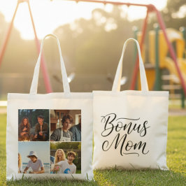 Bonus Mom Elegant Cursive Four Photo Tote Bag
