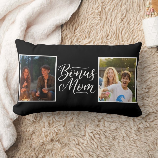 Bonus Mom Pretty Cursive Two Photo Black and White Kussen (Deken)