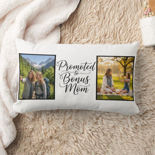Bonus Mom Promoted Elegant Cursive Double Photo Kussen (Deken)