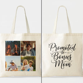 Bonus Mom Promoted Elegant Cursive Four Photo Tote Bag