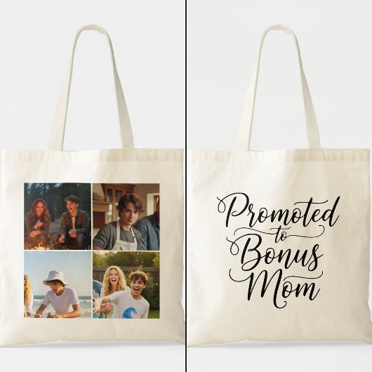 Bonus Mom Promoted Elegant Cursive Four Photo Tote Bag
