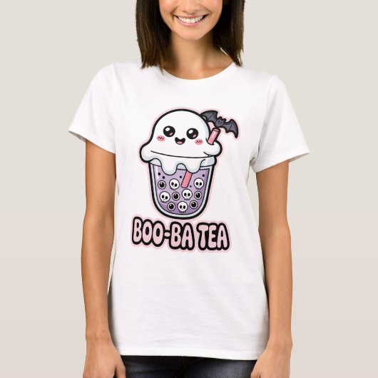 Boo-Ba Tea Funny Ghost Boba T-shirt | Schattige Ka (Voorkant)