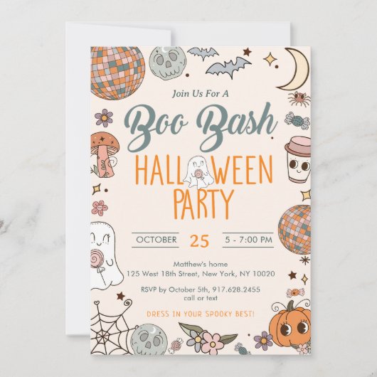 Boo Bash Groovy Schattige Ghost Halloween Party Kaart (Voorkant)