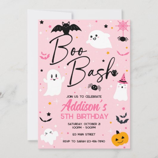Boo Bash Roze Halloween Ghost Verjaardag uitnodigi Kaart (Voorkant)