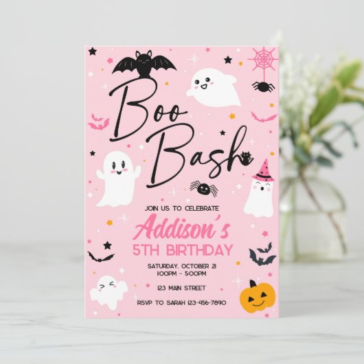 Boo Bash Roze Halloween Ghost Verjaardag uitnodigi Kaart (Staand voorkant)