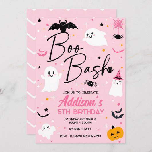 Boo Bash Roze Halloween Ghost Verjaardag uitnodigi Kaart (Voorkant / Achterkant)