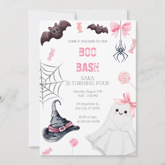 Boo Bash Roze Halloween Verjaardag voor Meisjes Kaart (Voorkant)
