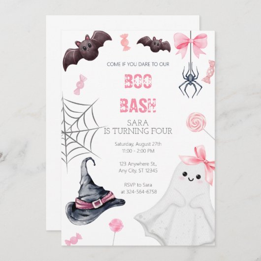 Boo Bash Roze Halloween Verjaardag voor Meisjes Kaart (Voorkant / Achterkant)