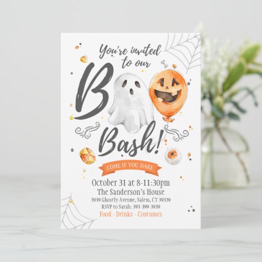 Boo Bash uitnodiging, Halloween uitnodiging (Staand voorkant)