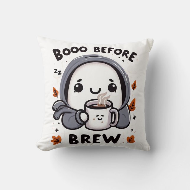 Boo Before Brew Grappige Geest Lieve Halloween Kof Kussen (Voorkant)