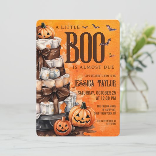 Boo bijna te wijten pompoen luier taart Baby showe Kaart (Staand voorkant)