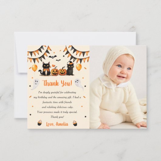 Boo Black Cat Halloween Party Foto Bedankkaart (Voorkant)