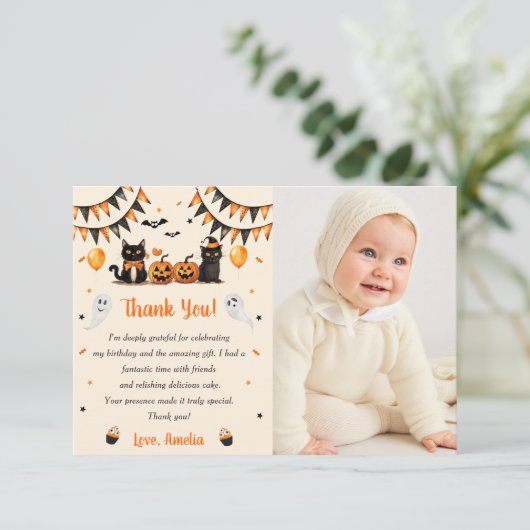 Boo Black Cat Halloween Party Foto Bedankkaart (Staand voorkant)