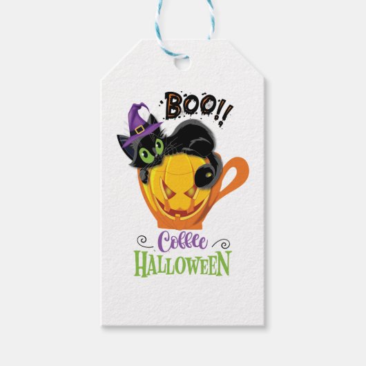Boo Black Cat, Scary Pumpkin Coffee Halloween Cadeaulabel (Voorkant)