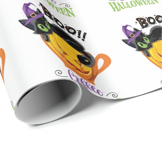 Boo Black Cat, Scary Pumpkin Coffee Halloween Cadeaupapier (Rol Hoek)