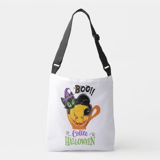 Boo Black Cat, Scary Pumpkin Coffee Halloween Crossbody Tas (Voorkant)