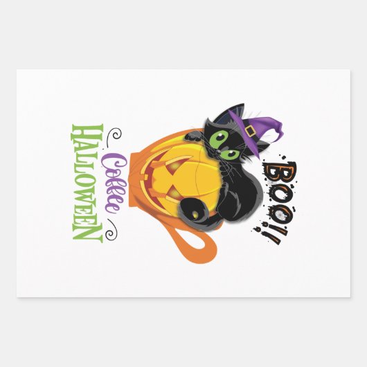 Boo Black Cat, Scary Pumpkin Coffee Halloween Inpakpapier Vel (Voorkant)