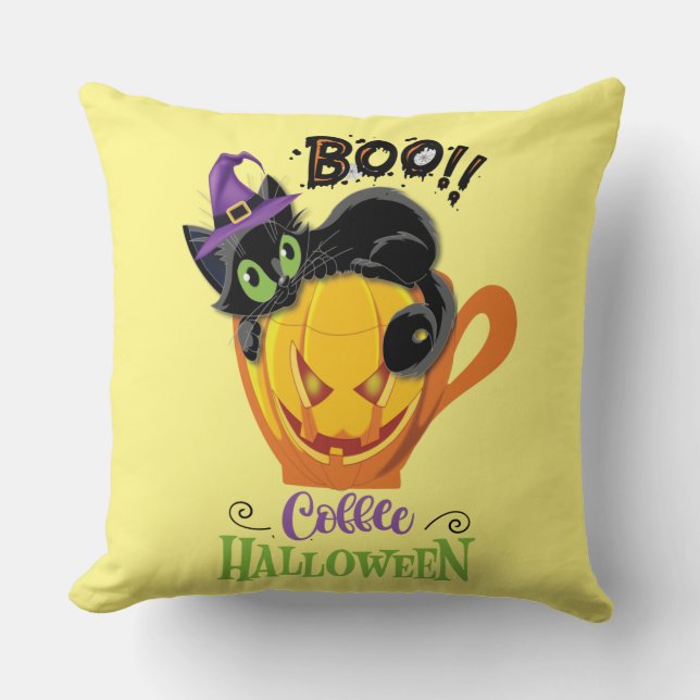 Boo Black Cat, Scary Pumpkin Coffee Halloween Kussen (Voorkant)