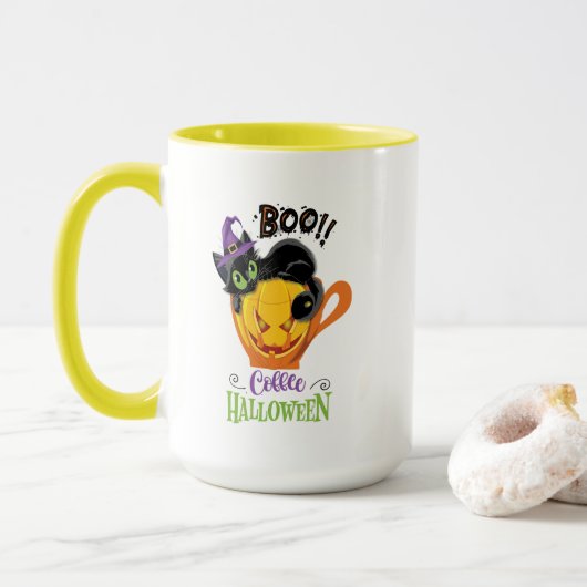 Boo Black Cat, Scary Pumpkin Coffee Halloween Mok (Met donut)