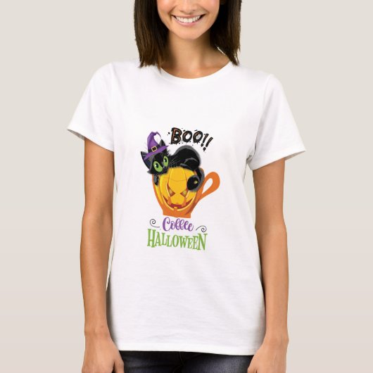 Boo Black Cat, Scary Pumpkin Coffee Halloween T-shirt (Voorkant)