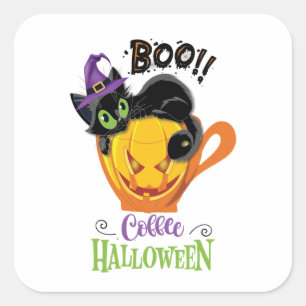 Boo Black Cat, Scary Pumpkin Coffee Halloween Vierkante Sticker