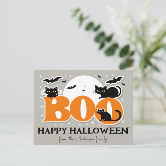 Boo Black Cats and Bats Happy Halloween Briefkaart (Staand voorkant)