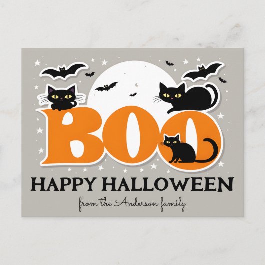 Boo Black Cats and Bats Happy Halloween Briefkaart (Voorkant)
