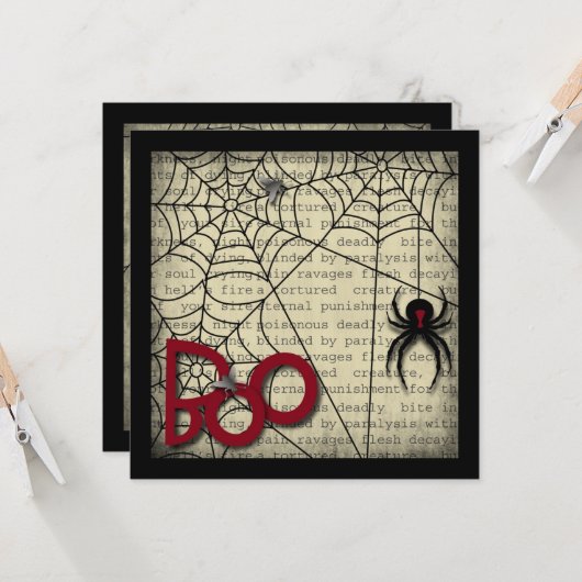 Boo Black Widow Spider & Creepy Text voor Hallowee Kaart (Voorkant / Achterkant in situ)
