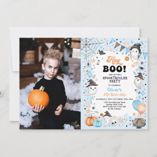 Boo. Blue Halloween Ghost Boy Birthday Kaart (Voorkant)