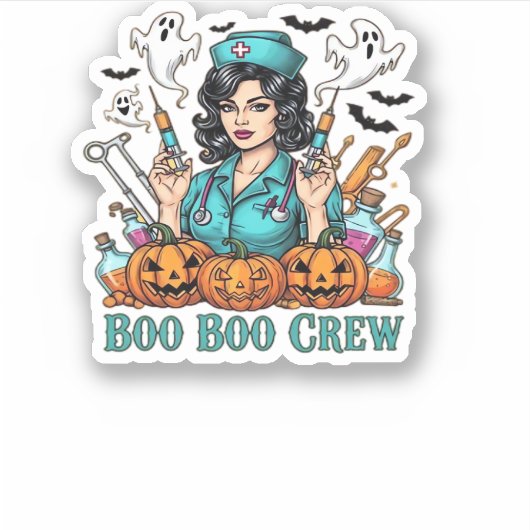 Boo Boo Crew Halloween Nurse met Spuiten en Pum Sticker (Voorkant)